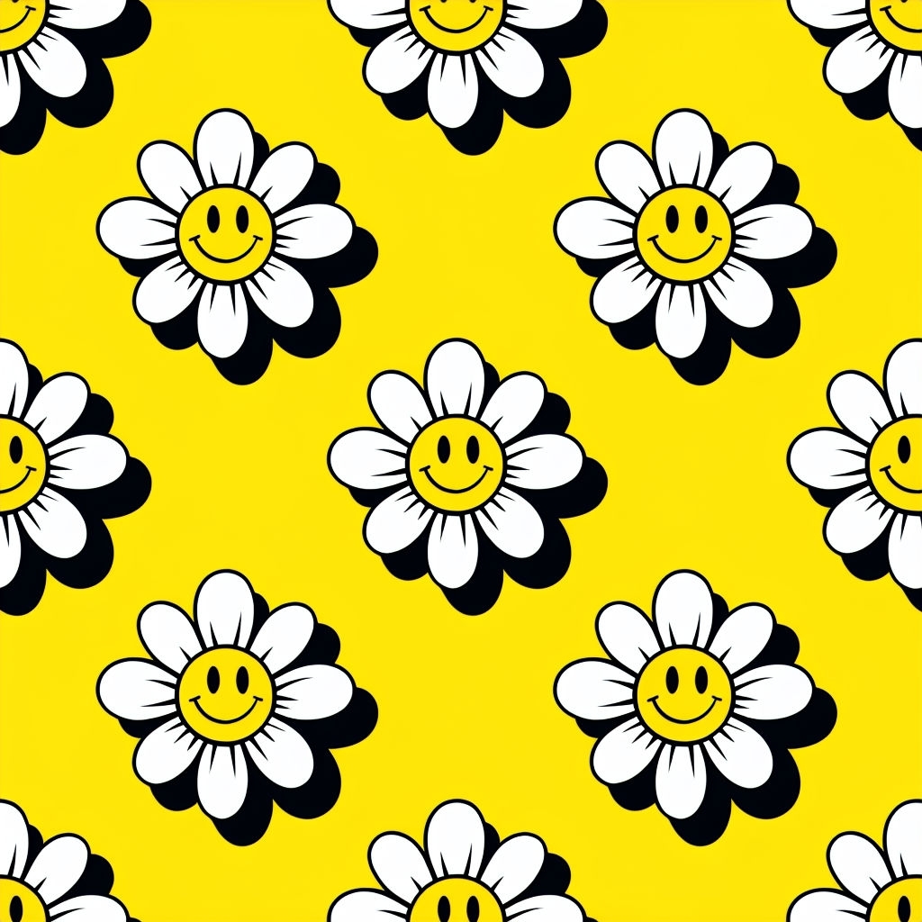 Cheerful Daisy Pattern with Smiley Faces on Yellow Background Seamless Pattern