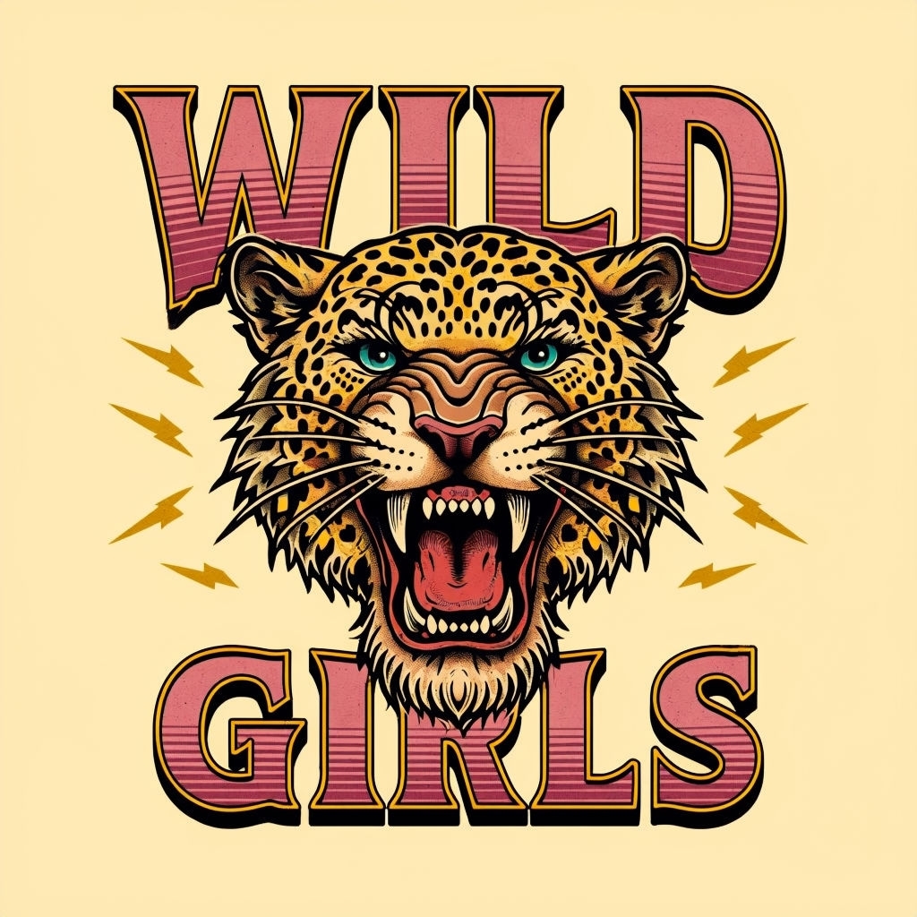 Vibrant Roaring Leopard with WILD GIRLS Retro Tattoo T-Shirt