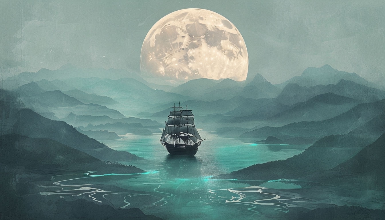 Serene Surreal Landscape with Moon and Sailing Ship Art