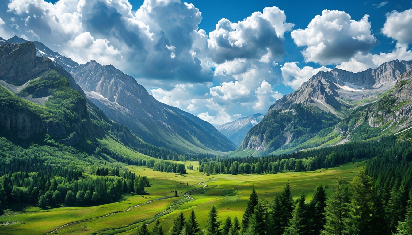 Serene Valley Landscape with Mountains and Clouds Art