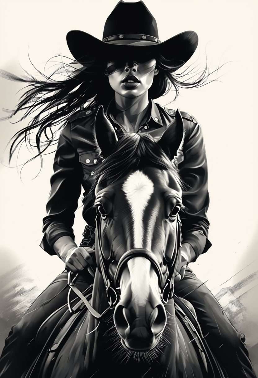 Dynamic Black and White Woman Riding Horse Illustration Art