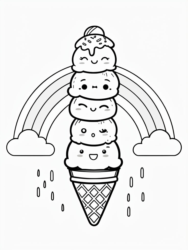 Whimsical Cartoon Ice Cream Scoops with Rainbow and Clouds Coloring Book Page