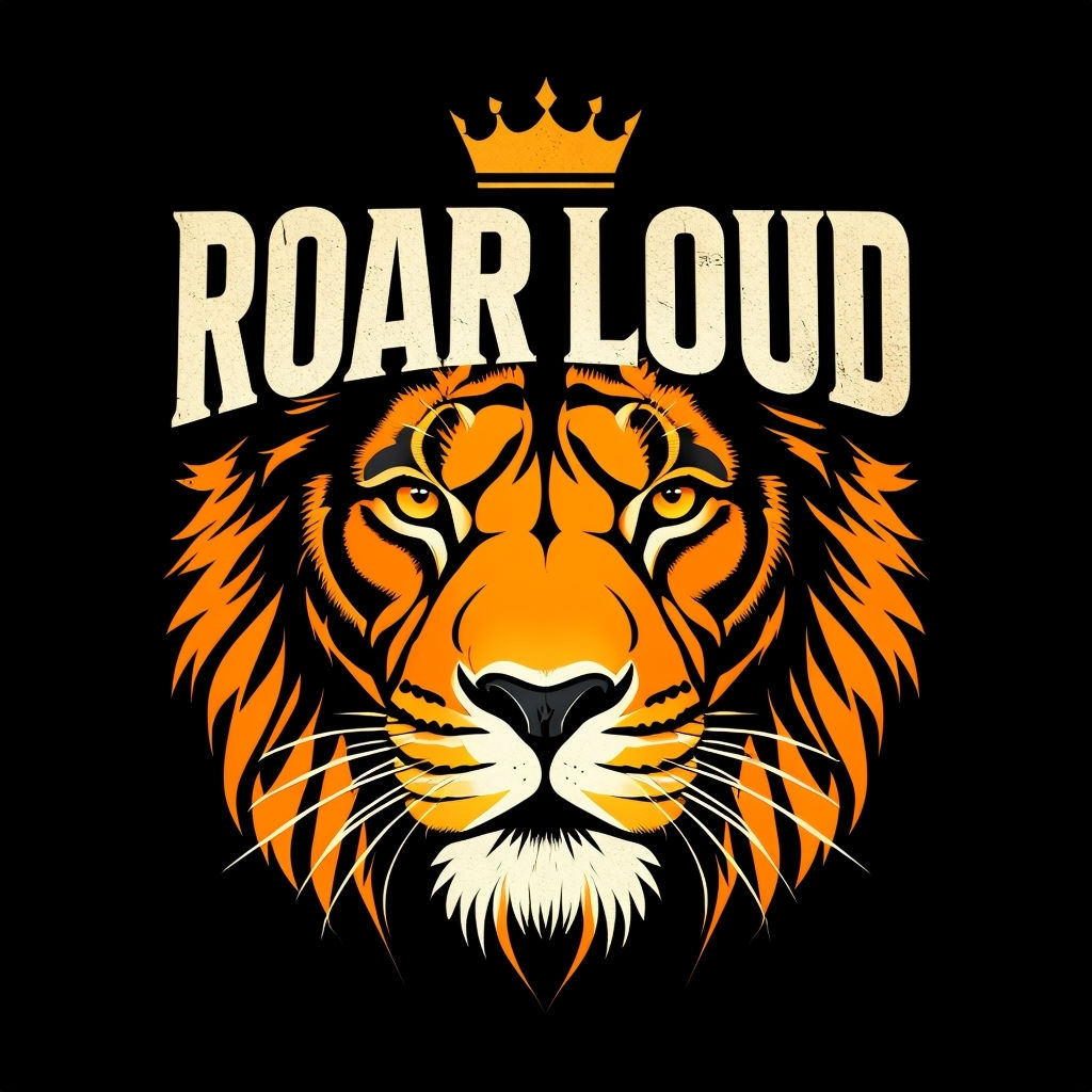 Bold Lion Face Logo with Roar Loud Text T-Shirt