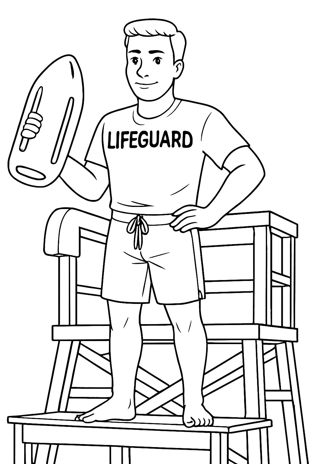 Confident Male Lifeguard Cartoon Line Drawing for Coloring Book Pages