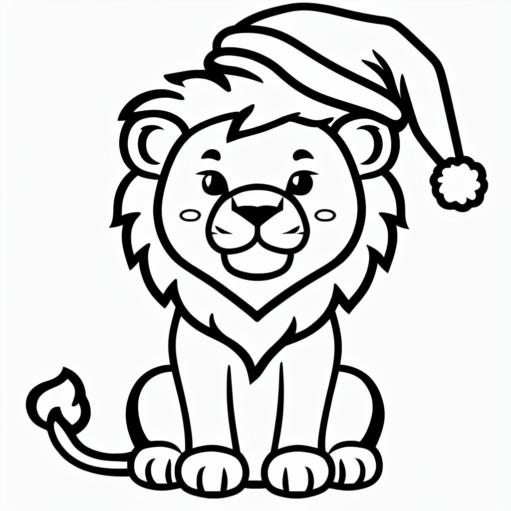 Cute Cartoon Lion with Santa Hat Line Art for Coloring Book Pages