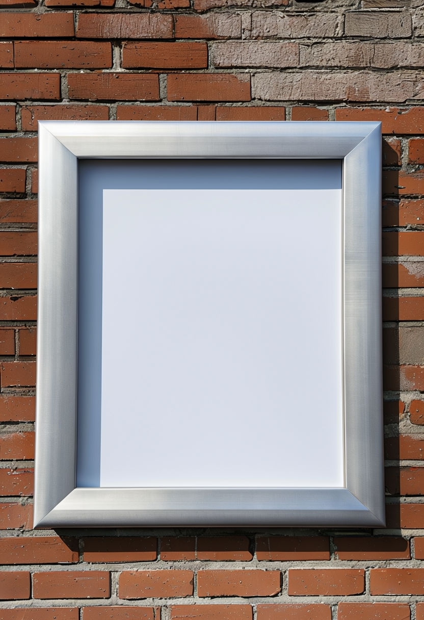 Brushed Silver Metal Frame on Textured Brick Wall Mockup