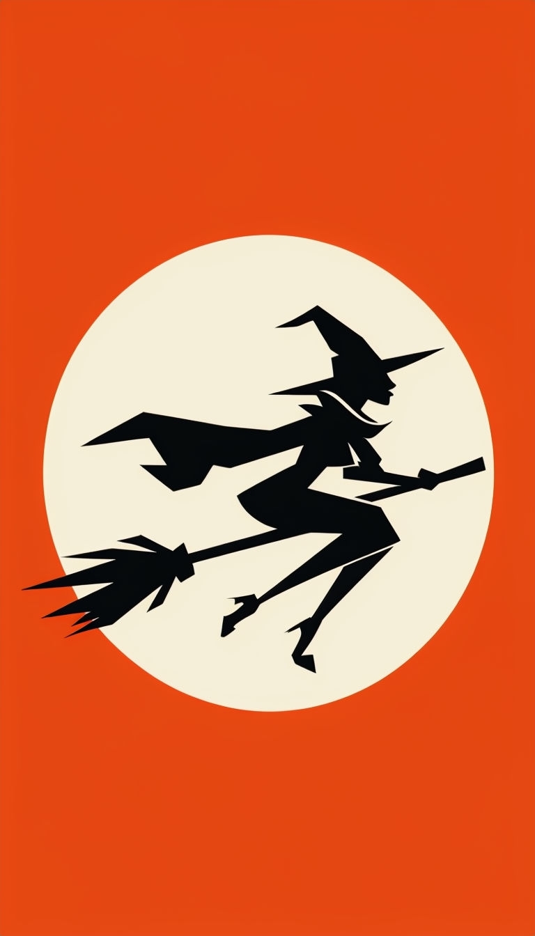 Stylized Witch Silhouette Riding Broomstick Minimalist Design Mobile Wallpaper