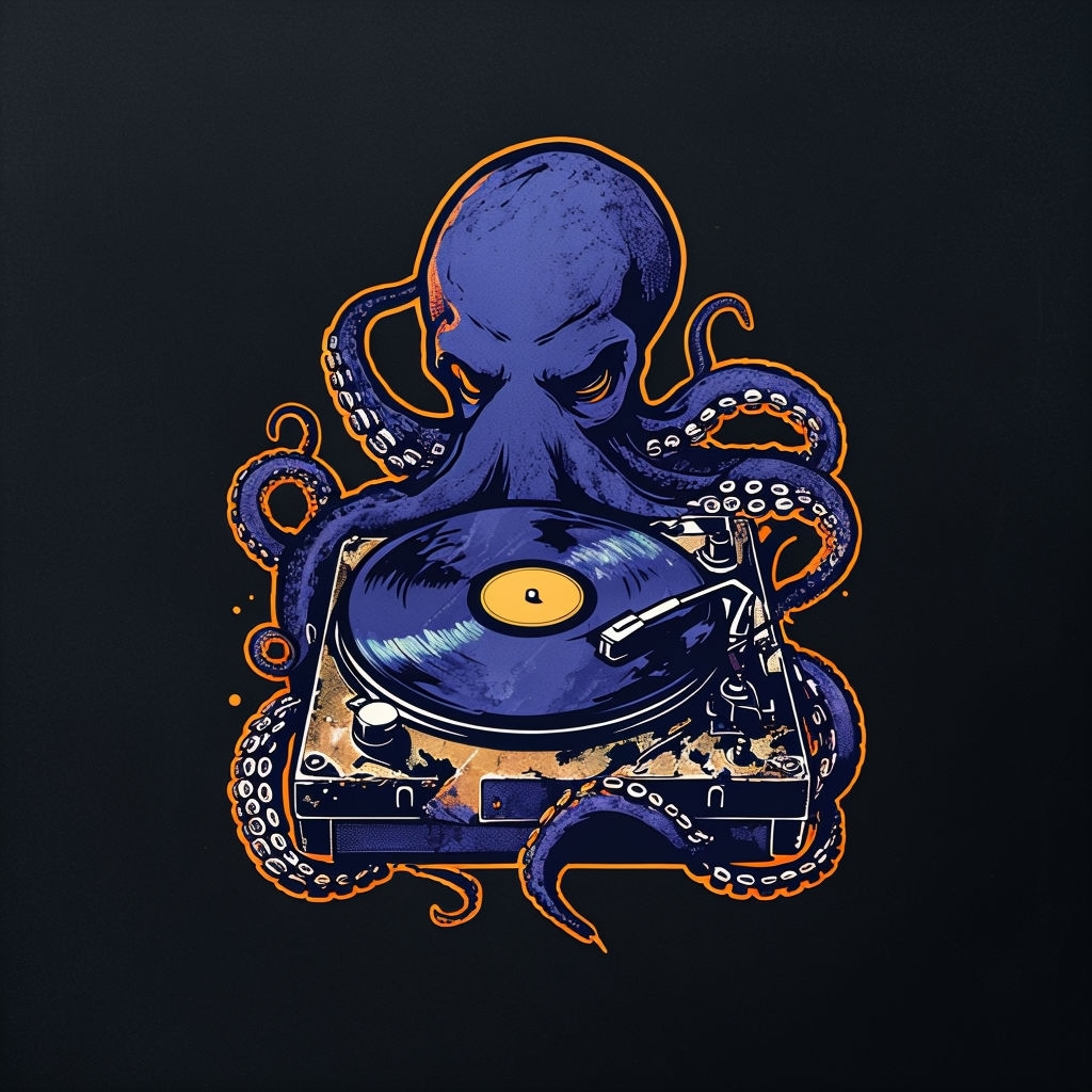 Stylized Octopus and Record Player Graphic Art Poster