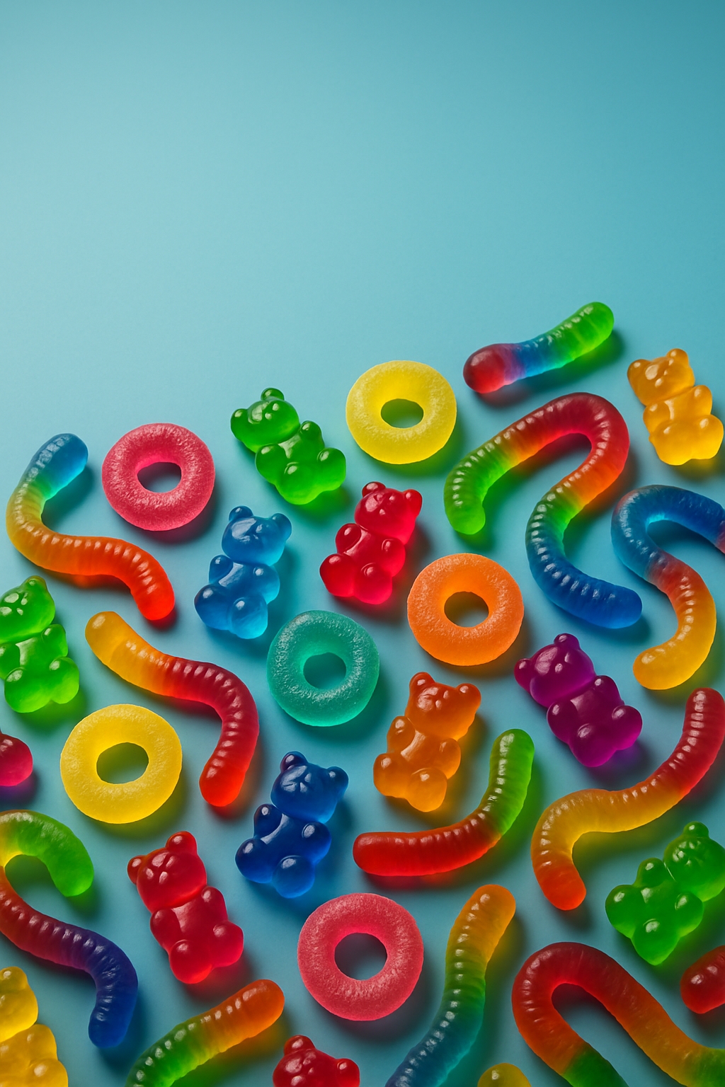 Colorful Gelatin Candies on Light Blue Background Mobile Wallpaper