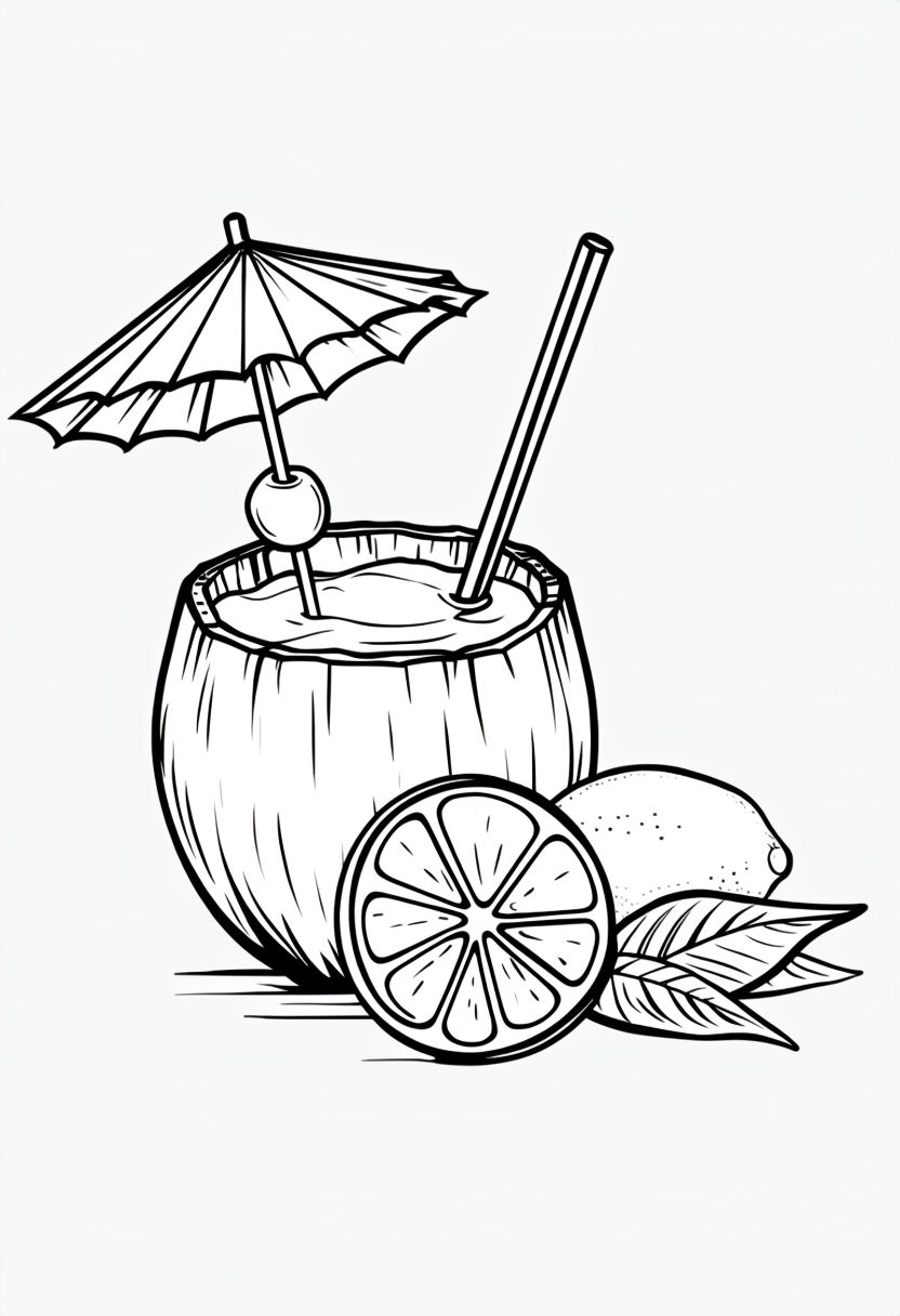 Tropical Coconut Drink Arrangement Line Drawing Coloring Book Pages
