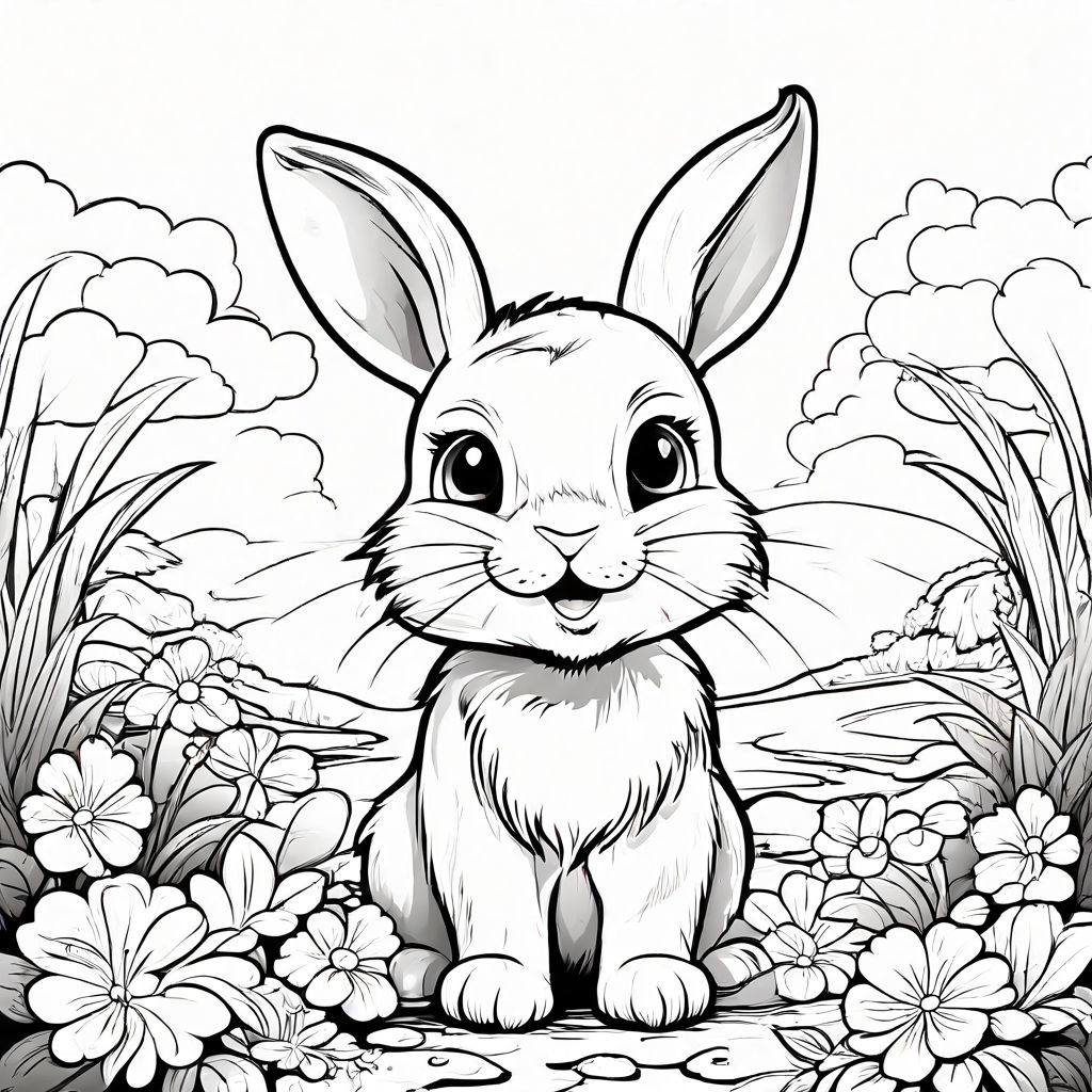 Bunny In Cartoon Style As Coloring Page In Black And White O By 