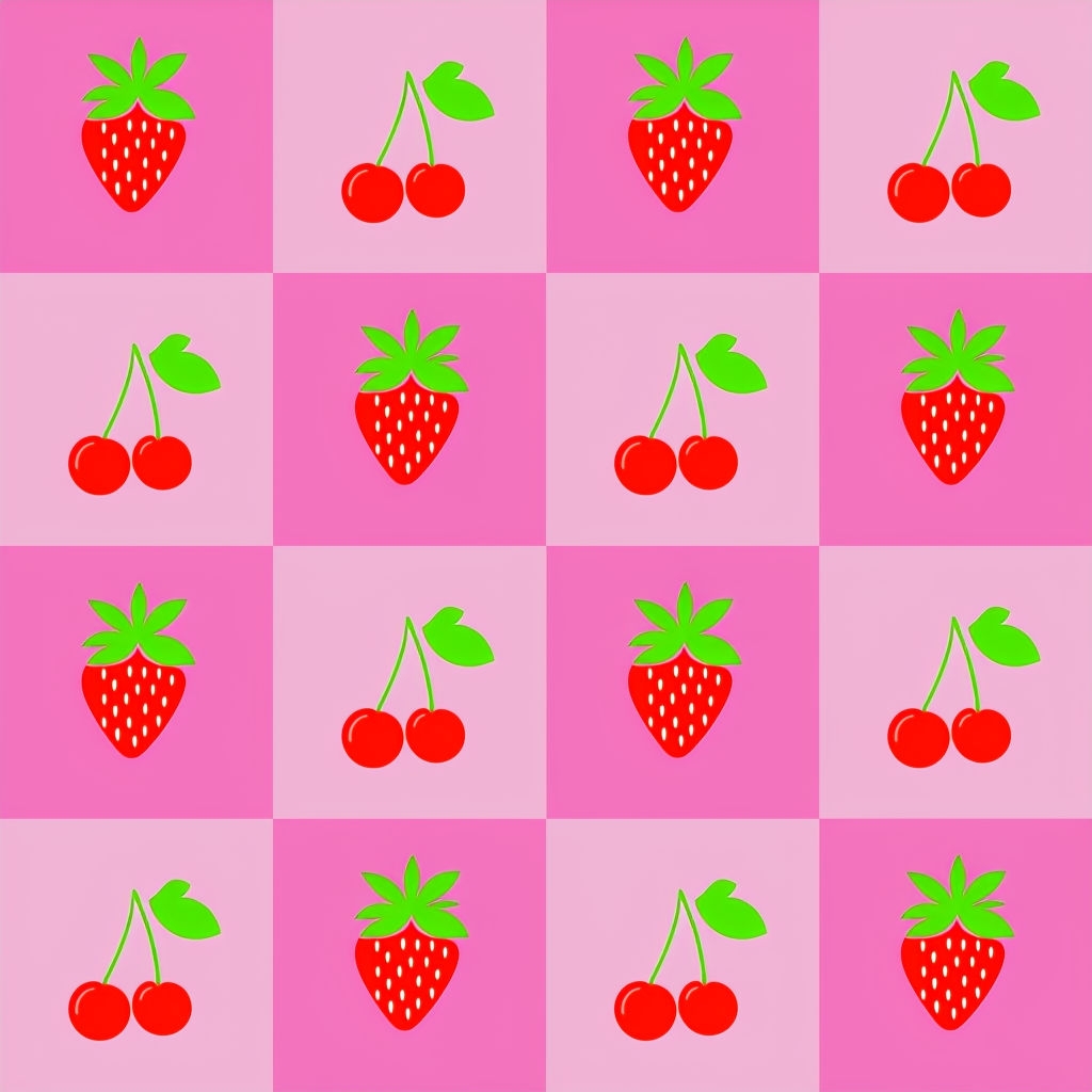 Vibrant Pink Checkerboard with Strawberries and Cherries Pattern Seamless Pattern