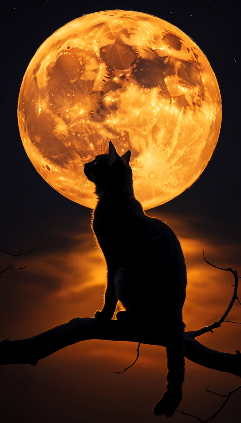 Black Cat Silhouette Against Vibrant Orange Full Moon Mobile Wallpaper