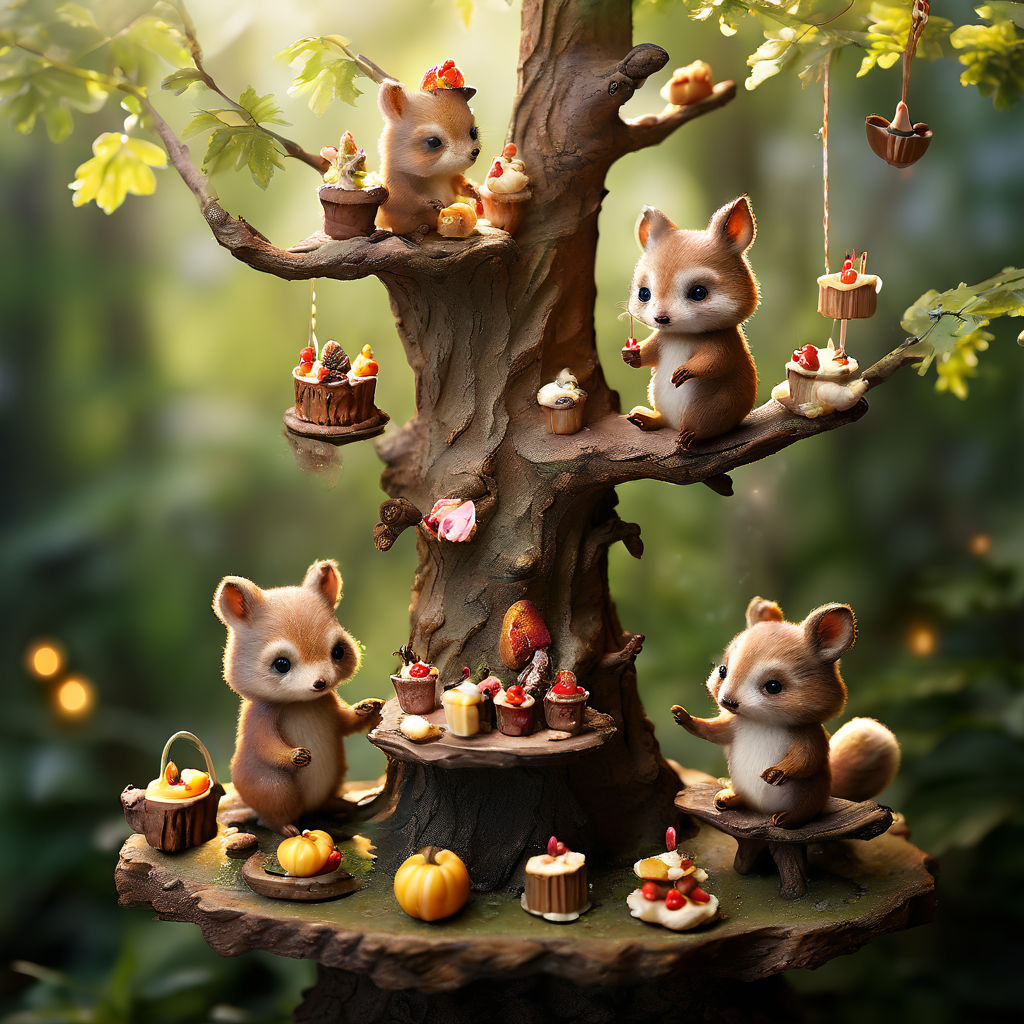 Tiny woodland animals having a birthday party in a tree by Tico