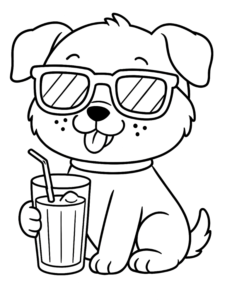 Cute Cartoon Puppy with Sunglasses and Drink Coloring Page