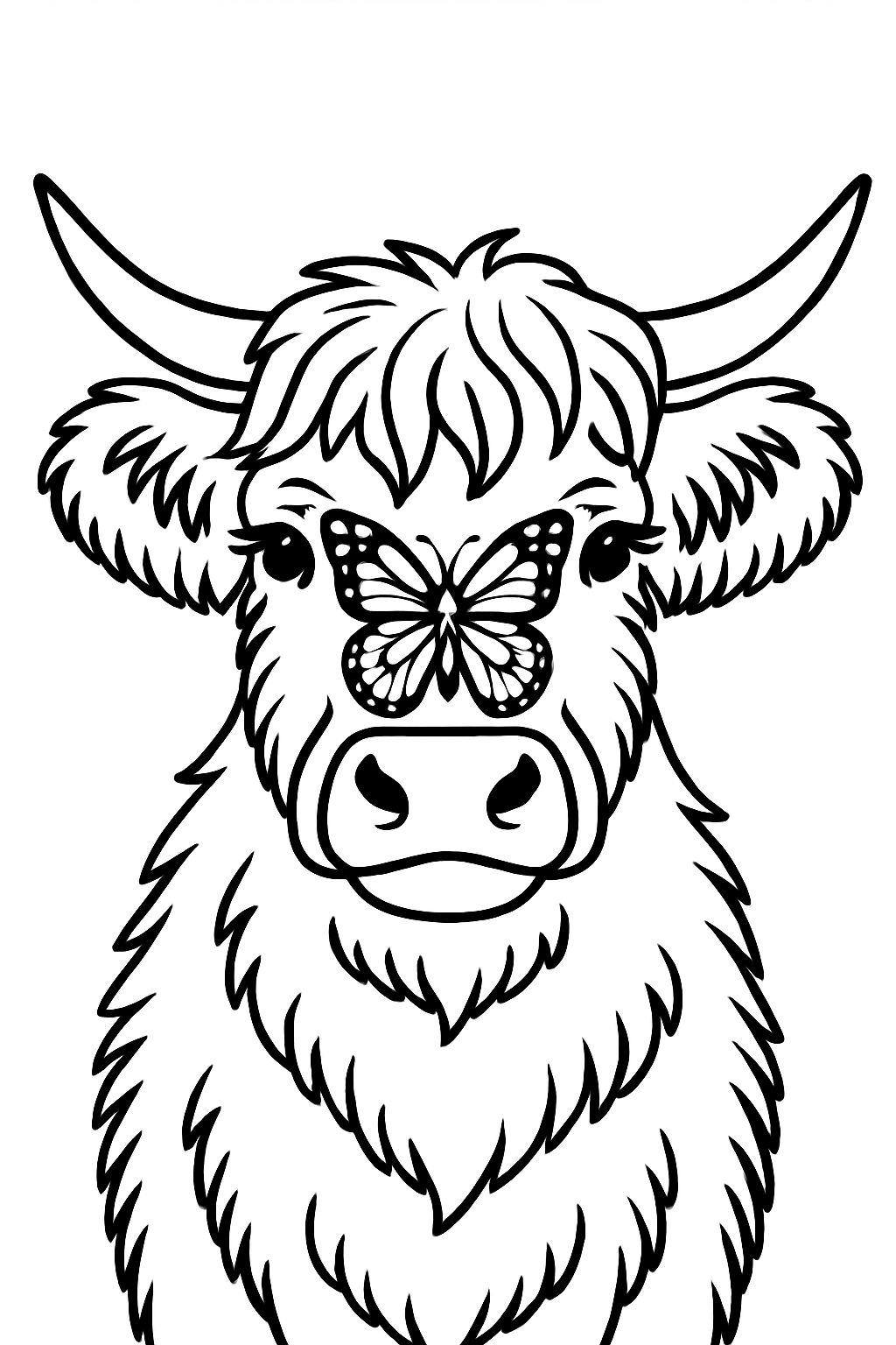Whimsical Black and White Cow with Butterfly Line Drawing Coloring Book Pages