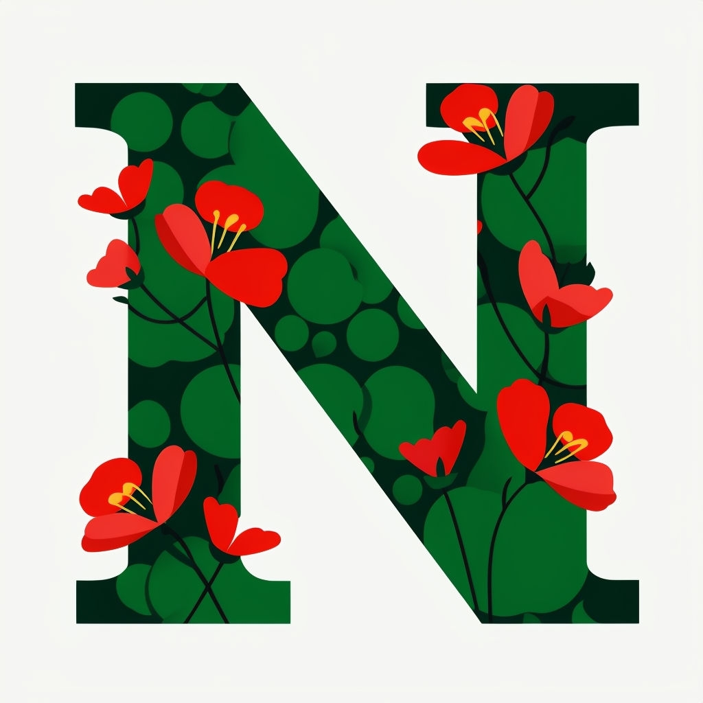 Botanical Patterned Letter N with Vibrant Red Flowers Sticker