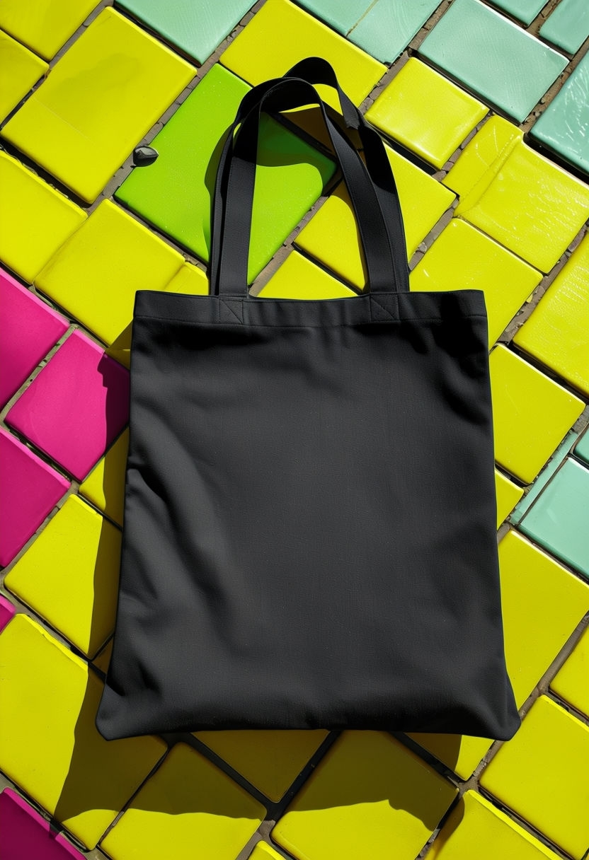 Vibrant Black Canvas Tote Bag on Colorful Mosaic Tiles Mockup