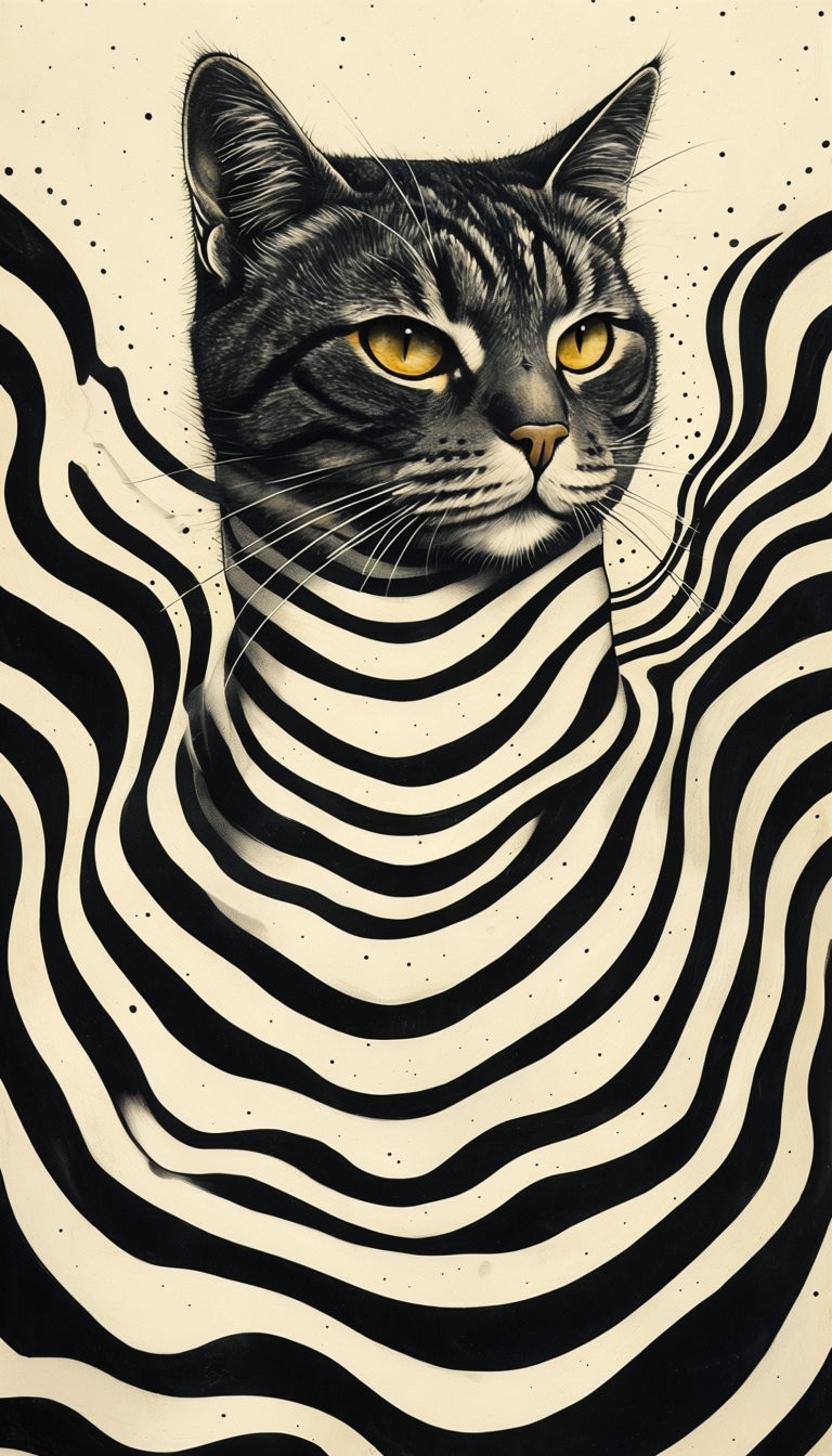 Striking Abstract Tabby Cat with Optical Illusion Stripes Art