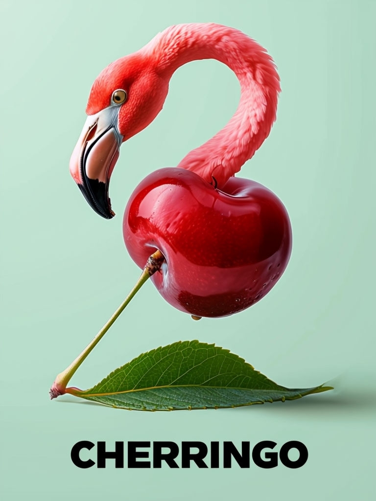 Surreal Cherry Flamingo Digital Artwork with Whimsical Design Poster