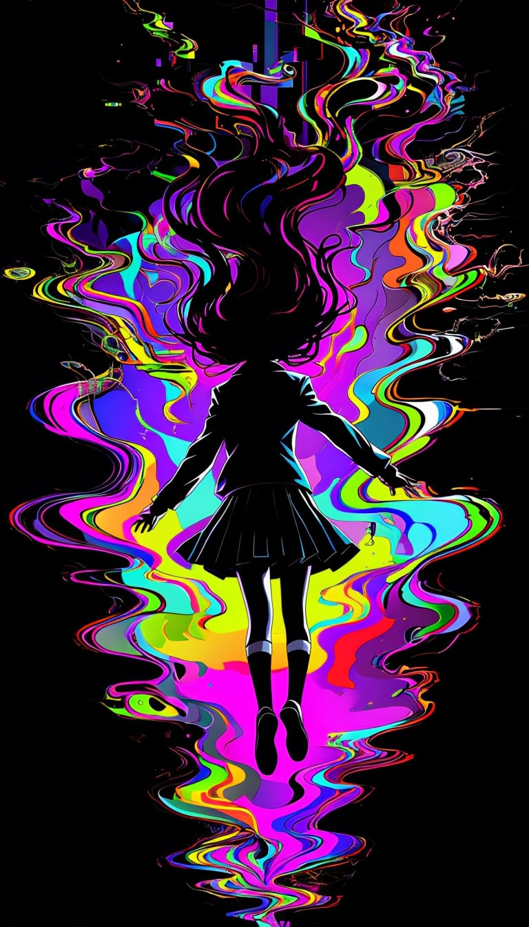 Psychedelic Girl with Flowing Hair and Neon Colors Mobile Wallpaper