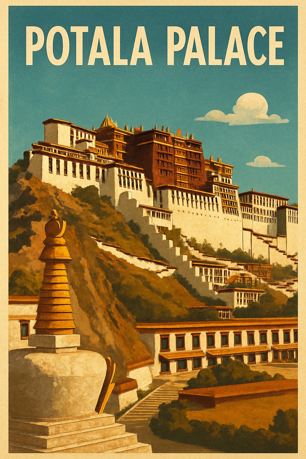 Vintage Potala Palace Travel Poster Illustration in Lhasa, Tibet