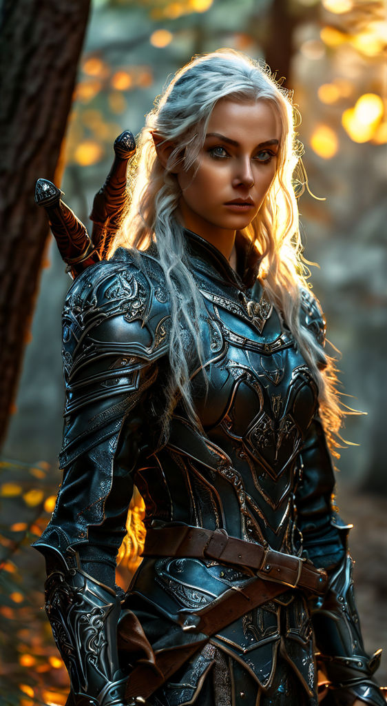 An elf dressed in black and blue leather armor. Runes are en... by Acg ...