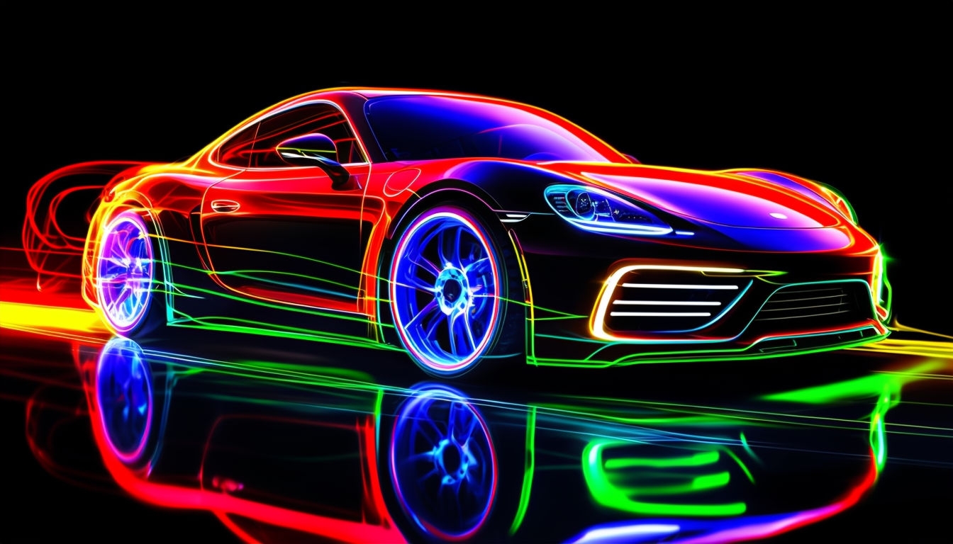 Sleek Sports Car with Dynamic Neon Light Trails Background