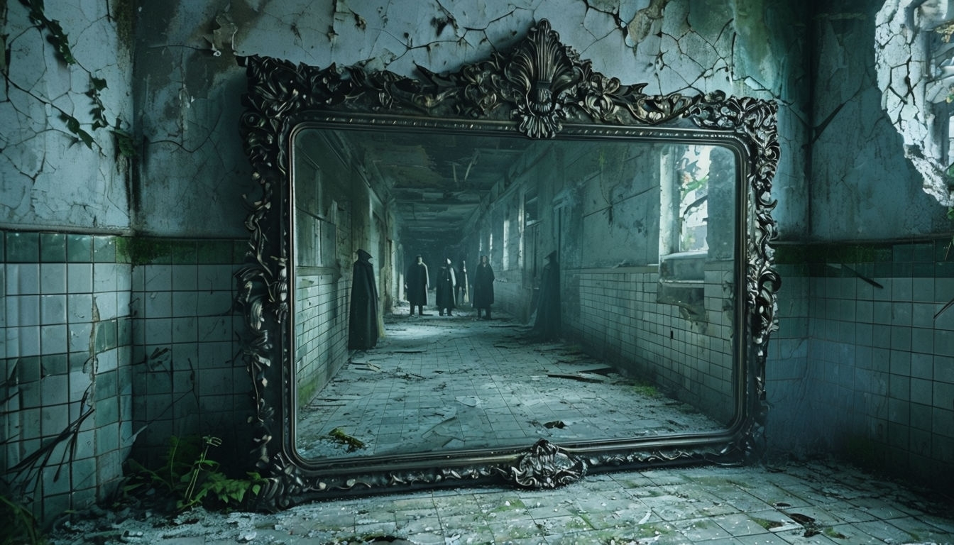 Haunting Abandoned Room with Ornate Mirror Virtual Background