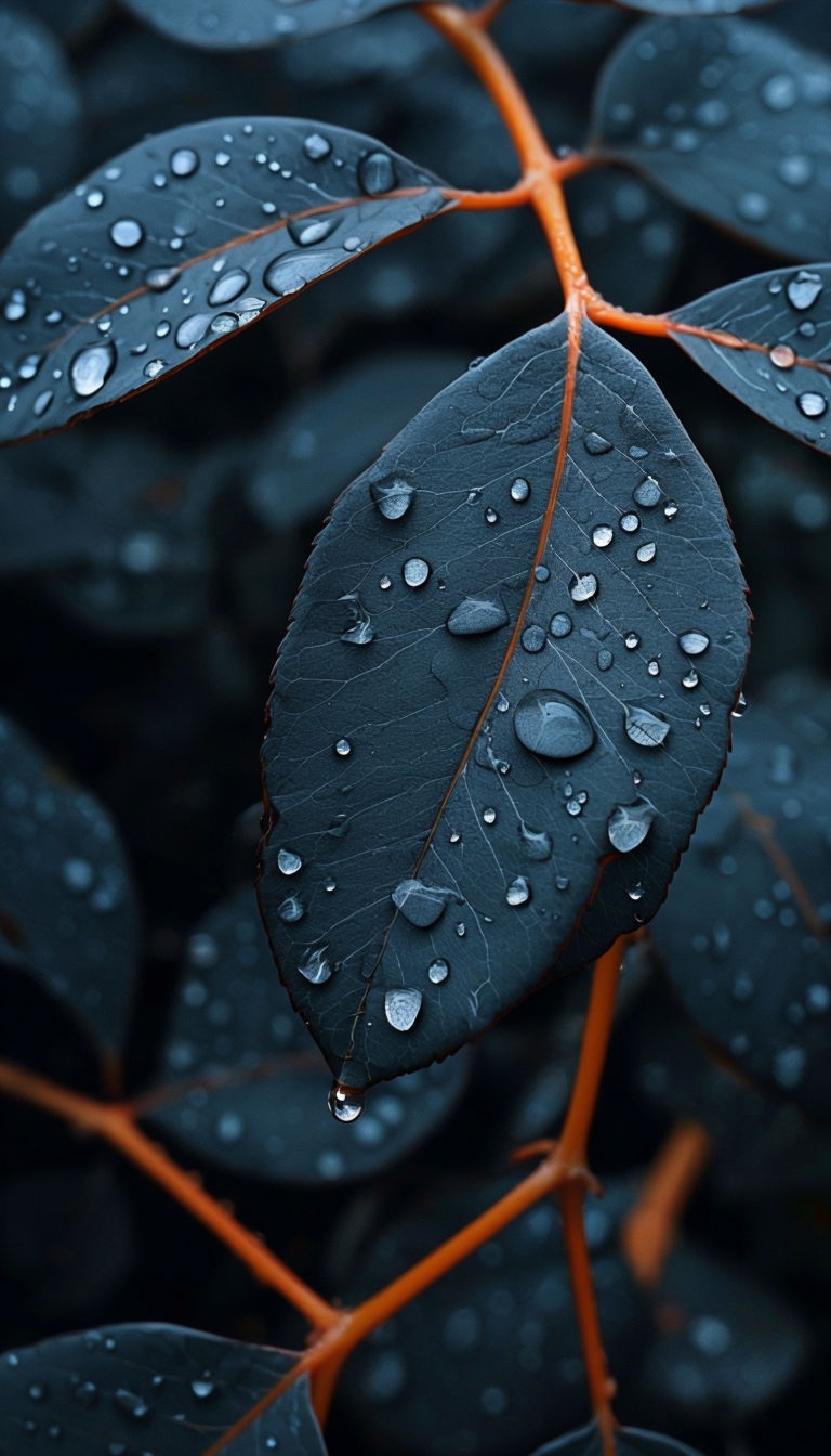 Serene Macro Photograph of Slate Gray Leaves with Water Droplets Mobile Wallpaper