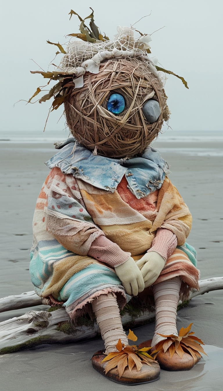 Whimsical Scarecrow Figure on Beach Driftwood Mobile Wallpaper