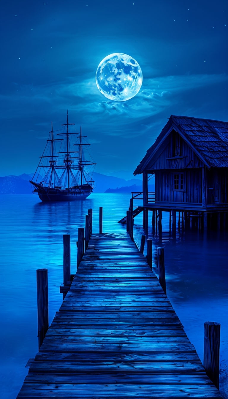 Magical Moonlit Pier with Sailing Ship and Rustic Building Mobile Wallpaper