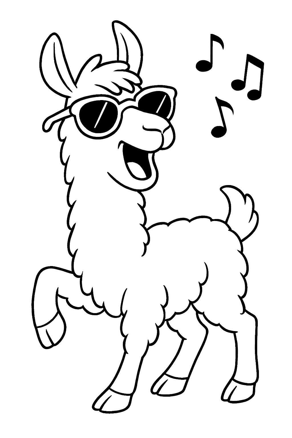 Cheerful Cartoon Llama with Sunglasses Coloring Book Page