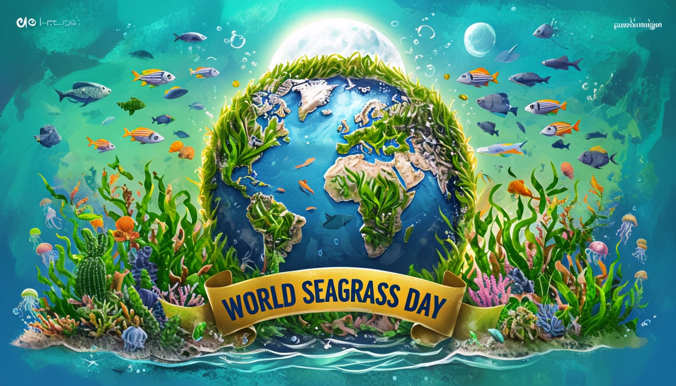 Vibrant World Seagrass Day Celebration with Marine Life Poster