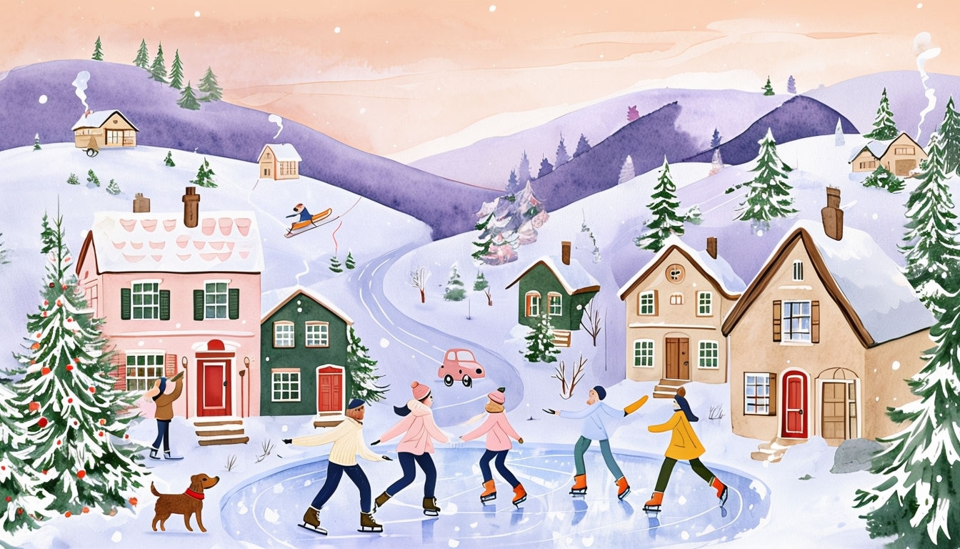 Whimsical Winter Village Scene with Skating and Snowy Activities Background