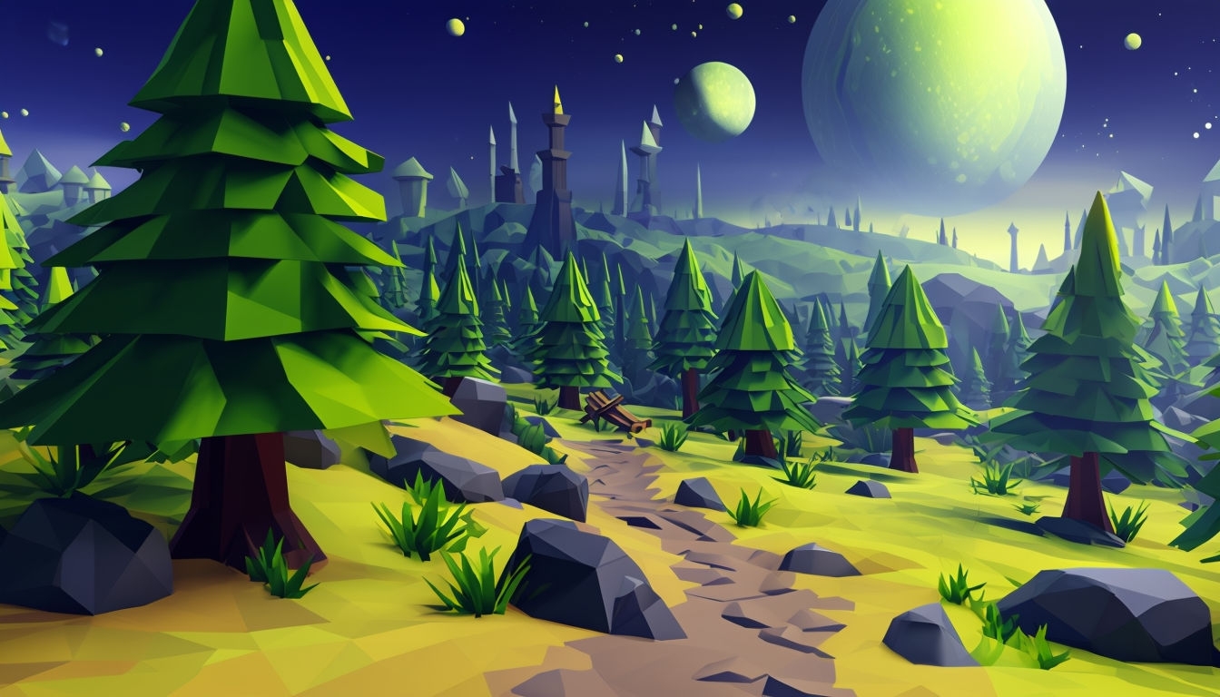 Serene Low-Poly Fantasy Landscape with Celestial Elements Background