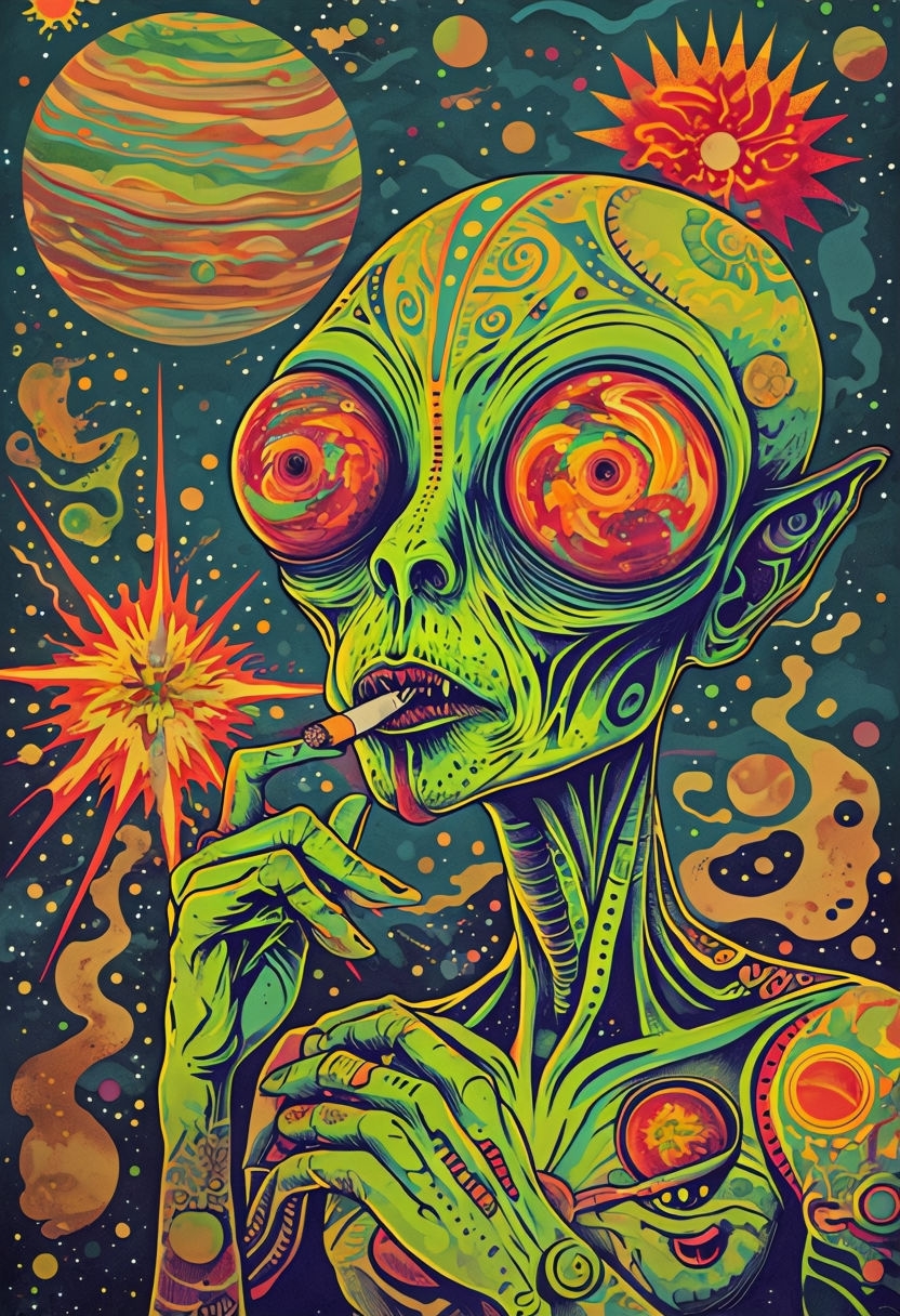 Psychedelic Alien Character with Cosmic Elements Poster