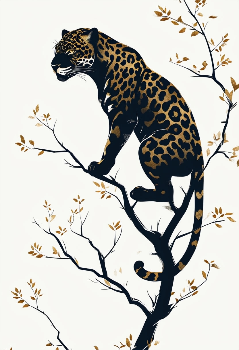 Elegant Navy Blue Jaguar on Branches Art Poster