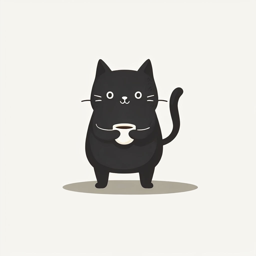 Adorable Minimalist Black Cat Holding Coffee Cup Art