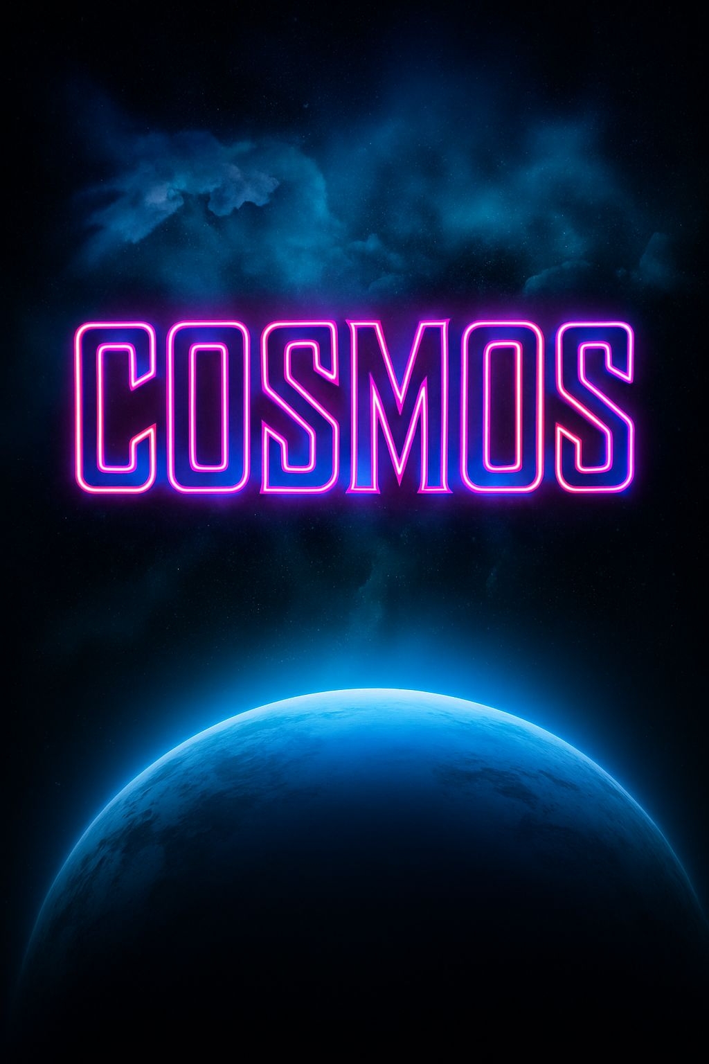 Vibrant Neon COSMOS Text Art Against Starry Background Poster