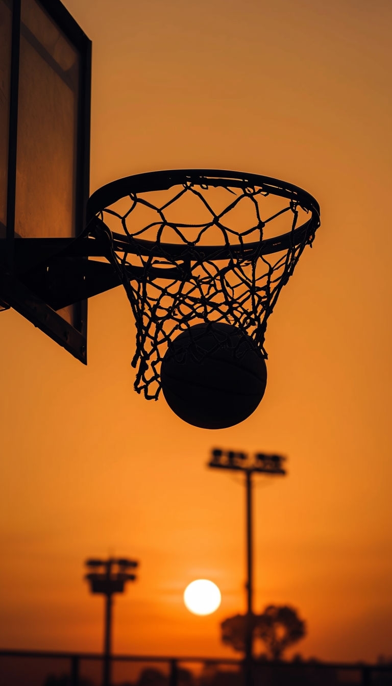 Dramatic Sunset with Basketball Hoop and Net Mobile Wallpaper