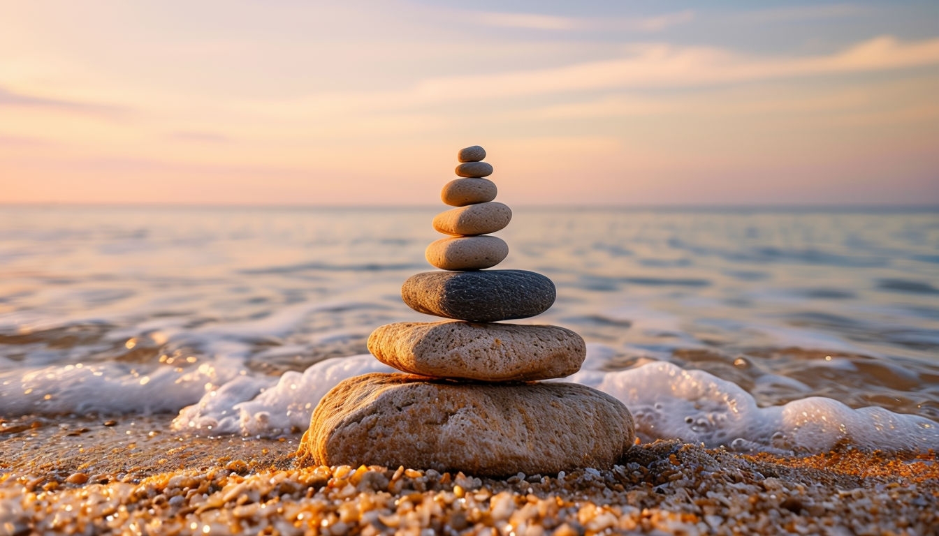 Tranquil Beach Sunset with Balanced Stones Virtual Background
