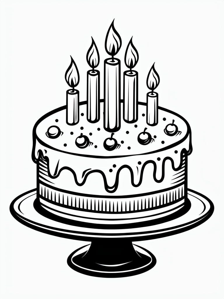 Elegant Black and White Birthday Cake Illustration for Coloring Book Pages