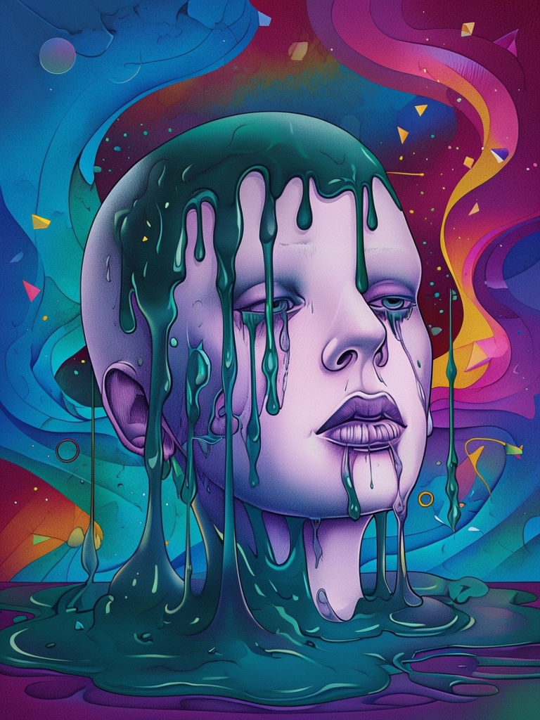 Surreal Melting Head Illustration with Abstract Colorful Background Art