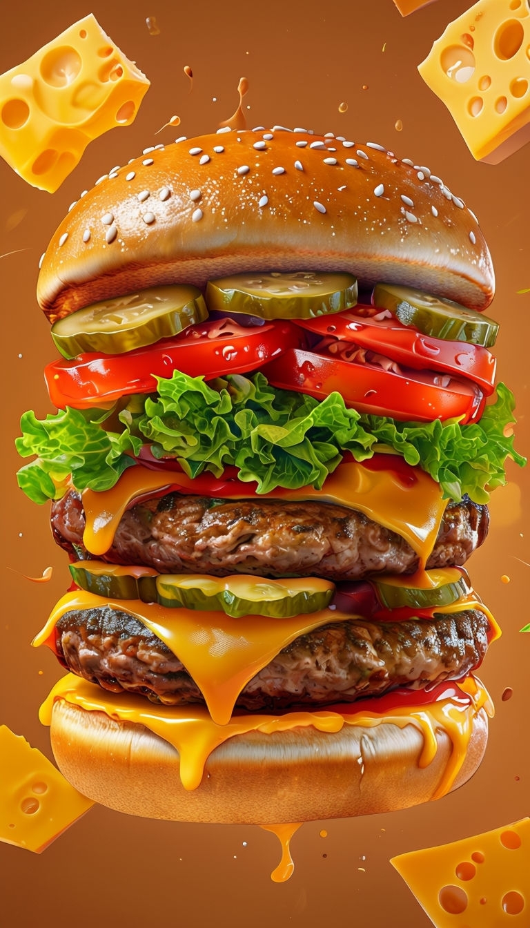 Vibrant 3D Rendered Burger Digital Illustration for Food Lovers Social Media Post