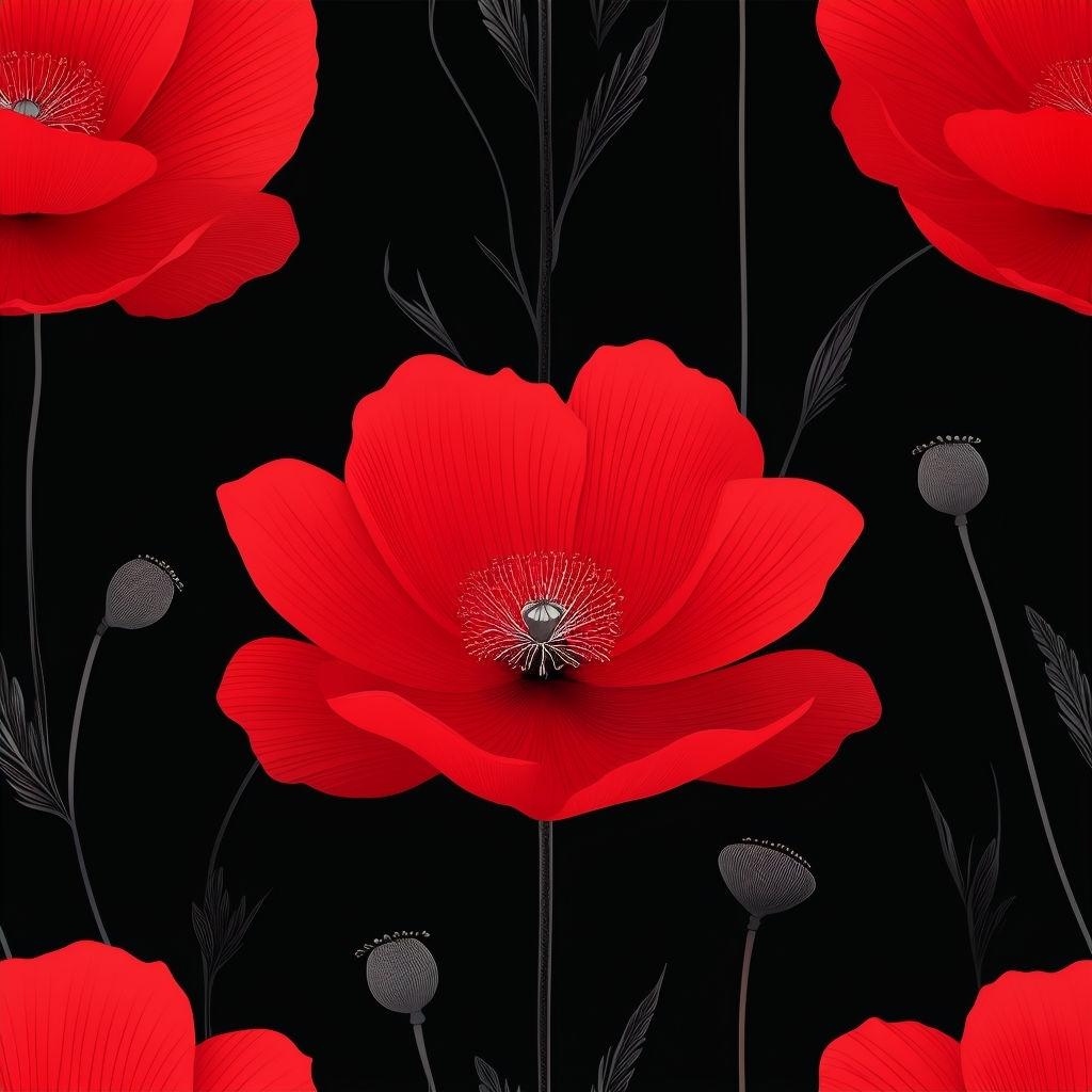 Vibrant Red Poppies on Black Seamless Pattern Design