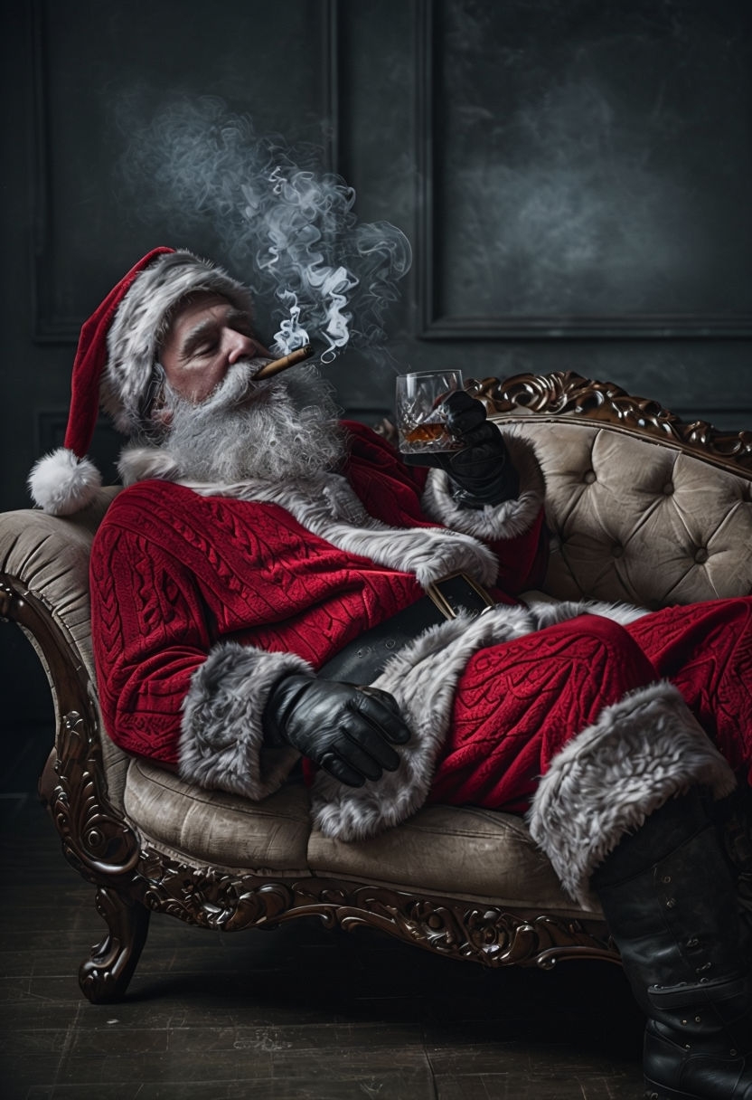 Relaxed Santa Claus on Chaise Lounge Enjoying Cigar and Drink Sticker