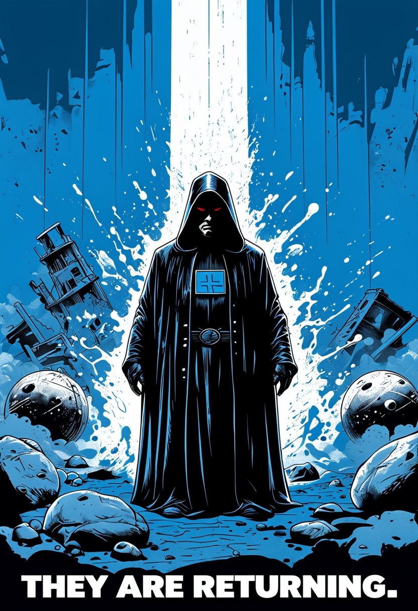 Mysterious Comic Book Illustration of Hooded Figure Poster