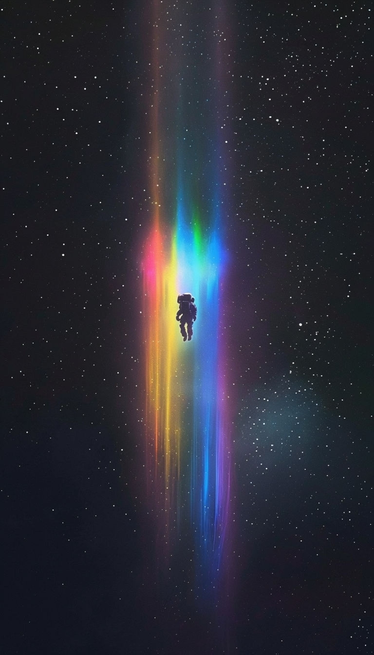 Vibrant Rainbow Spectrum with Astronaut in Starry Space Mobile Wallpaper