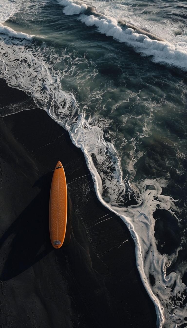 Amber Surfboard on Dark Sand Beach Photography Art